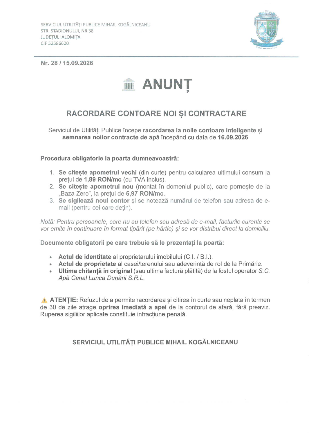 Anunt racordare contoare noi si contractare